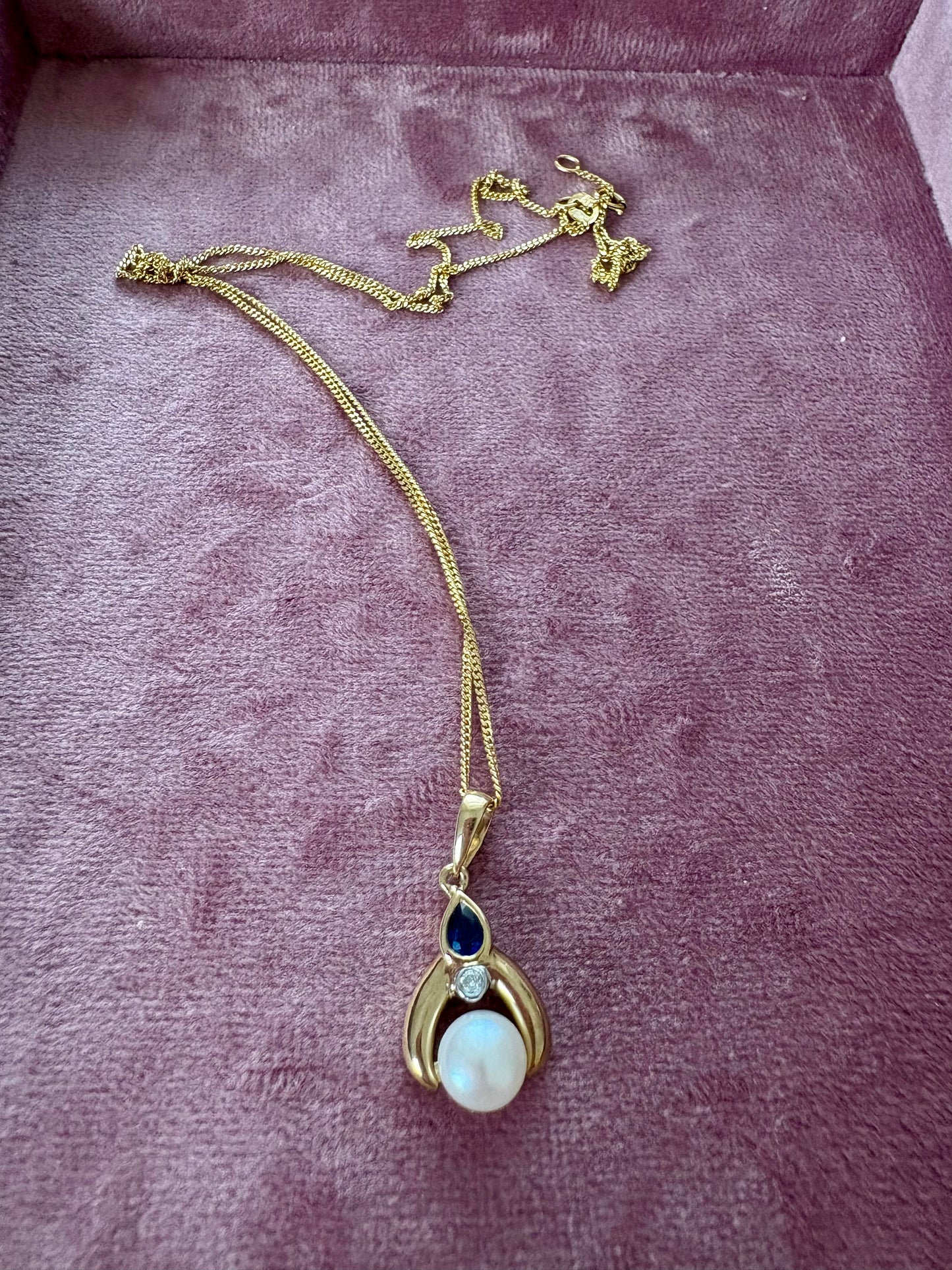 Sweet Vintage 9ct Gold Cultured Pearl, Sapphire and Diamond Pendant on a 9ct Gold Chain