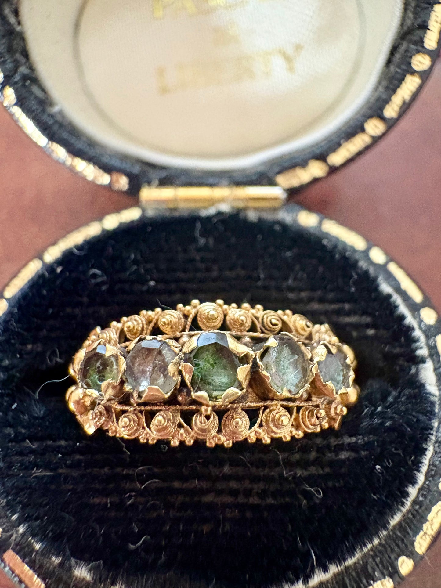 Remarkable Georgian Green and Colourless Gem Foiled Backed Five Stone Ring