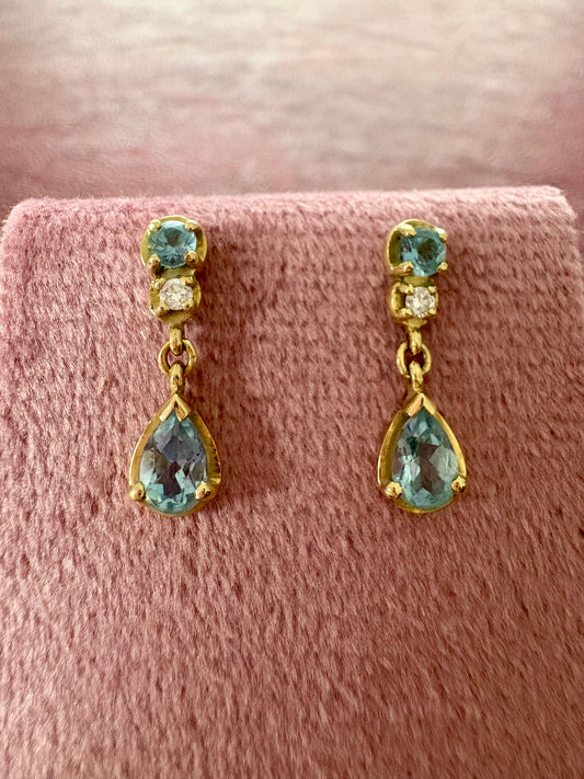 Simply Beautiful Gold, Aquamarine and Diamond Drop Earrings