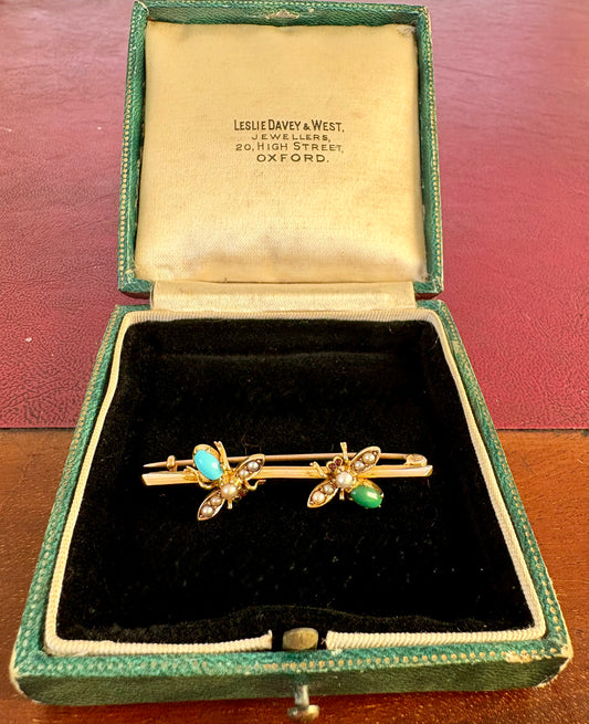 Gorgeous Early 20th Century 15ct Gold Turquoise and Split Pearl Insect Bar Brooch