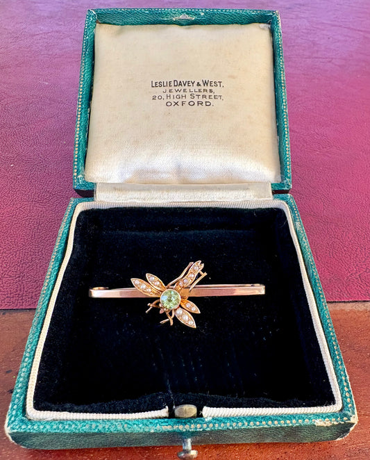 Sweet Early 20th Century Peridot and Split Pearl Insect Brooch