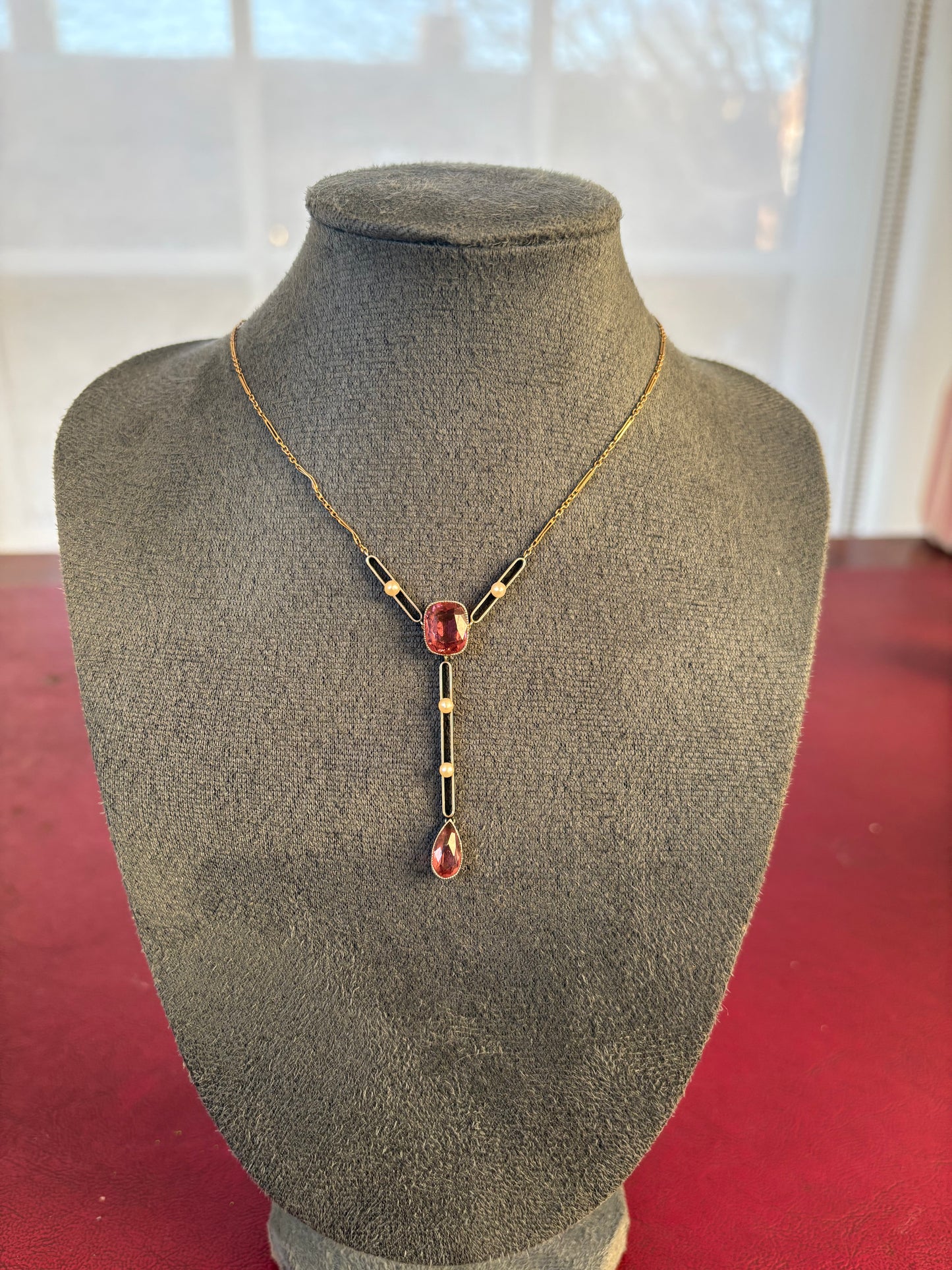 Beautiful Edwardian 15ct Gold, Tourmaline and Seed Pearl Necklace