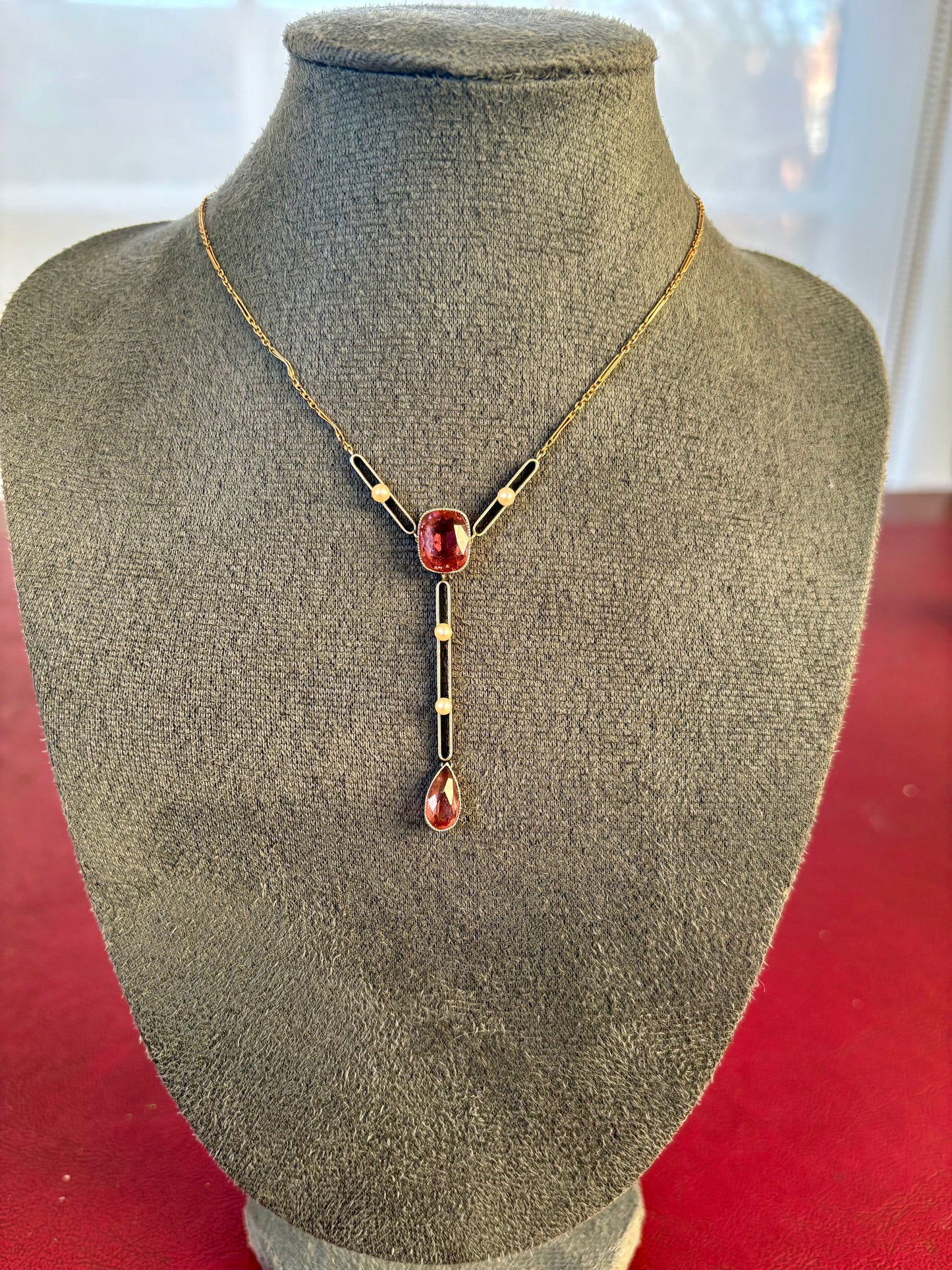 Beautiful Edwardian 15ct Gold, Tourmaline and Seed Pearl Necklace
