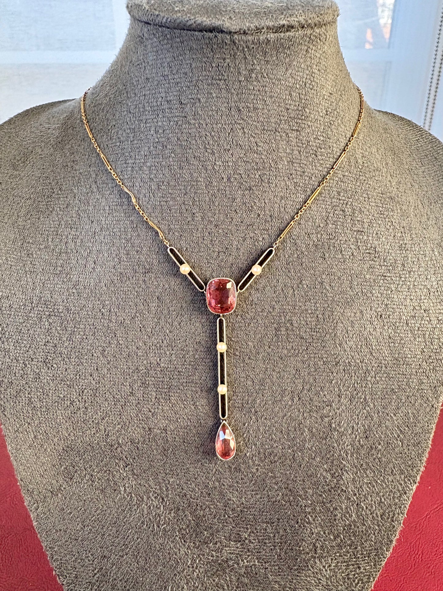 Beautiful Edwardian 15ct Gold, Tourmaline and Seed Pearl Necklace