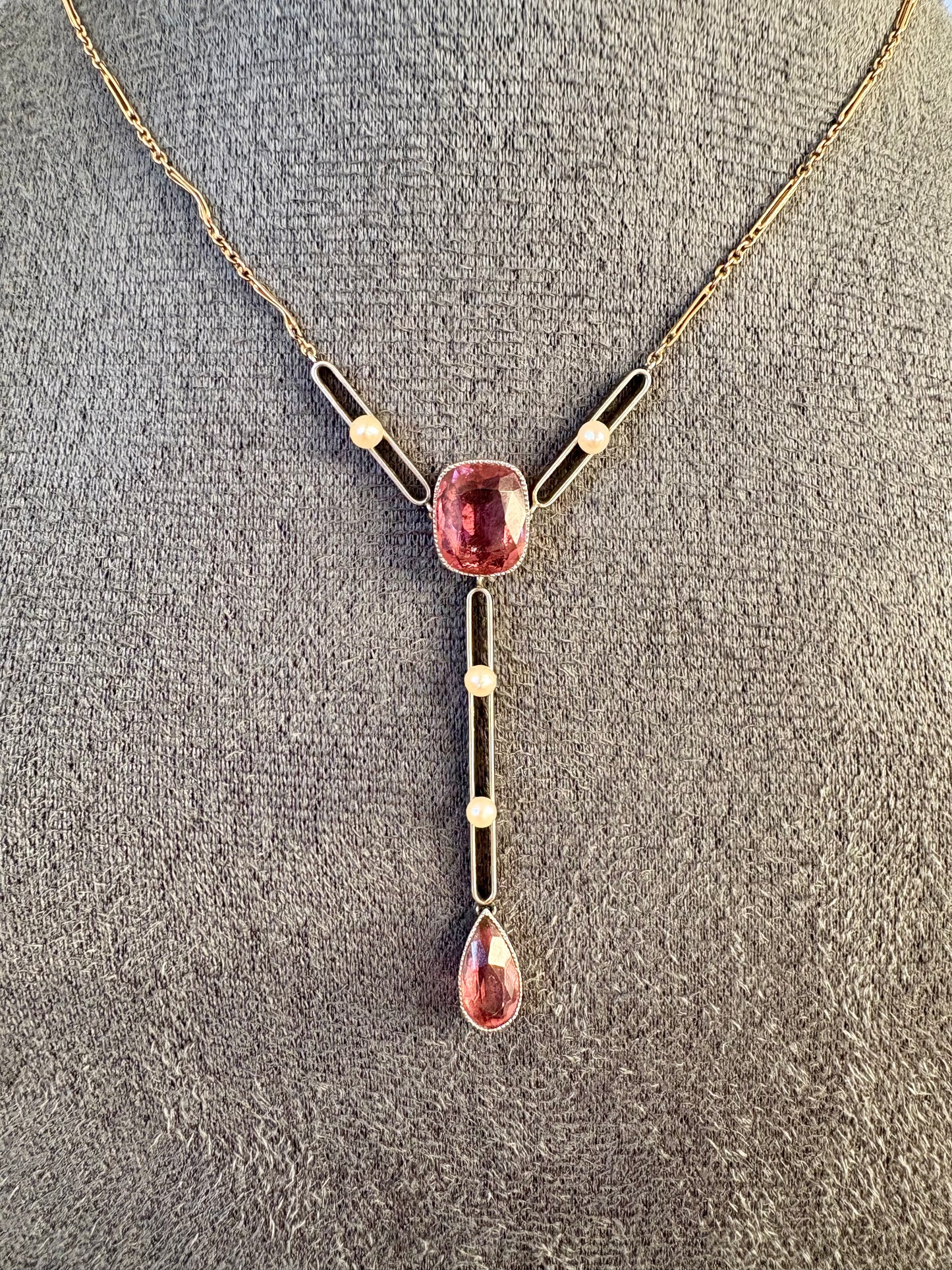 Beautiful Edwardian 15ct Gold, Tourmaline and Seed Pearl Necklace
