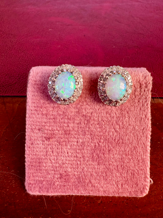 Wonderful Vintage 9ct Gold, Opal and Diamond Cluster Earrings