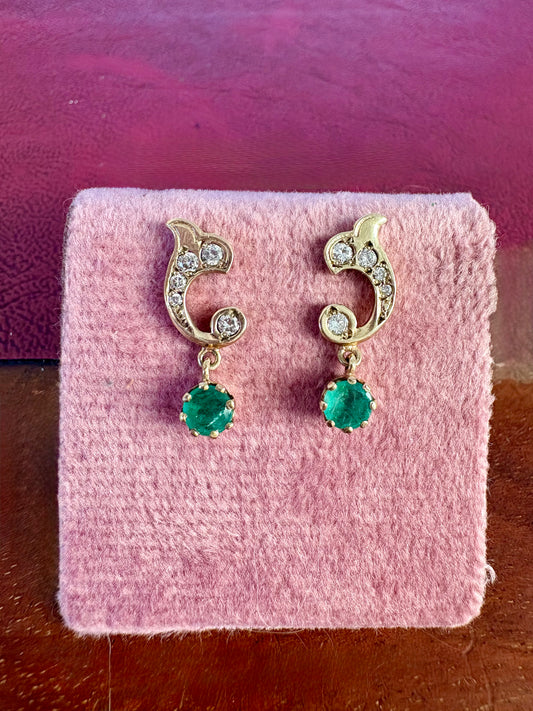 Gorgeous Vintage 9ct Gold, Emerald and Diamond Earrings