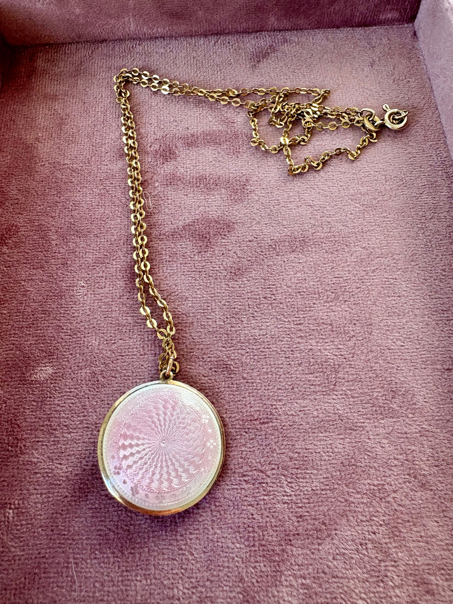 Very Beautiful Antique English Pink Guilloche Enamel Double-sided Pendant on a 9ct Gold Chain
