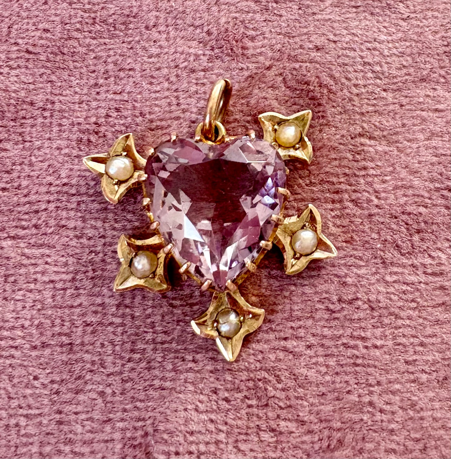Gorgeous Early 20th Century 9ct Gold Amethyst and Split Pearl Heart Pendant