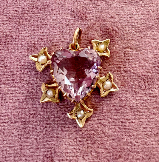 Gorgeous Early 20th Century 9ct Gold Amethyst and Split Pearl Heart Pendant