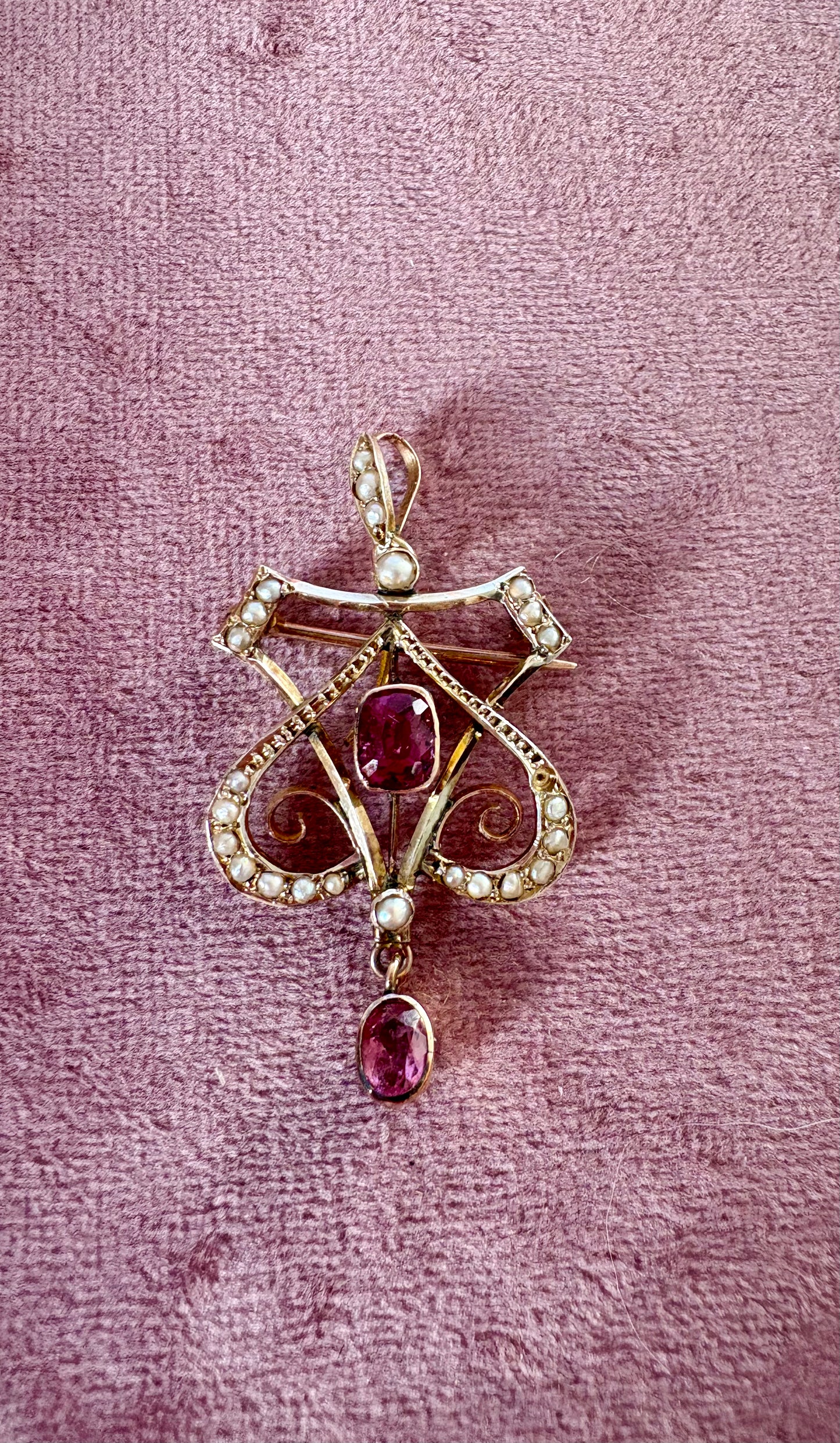Stunning Early 20th Century 9ct Gold, Pink Tourmaline and Split Pearl Pendant/brooch