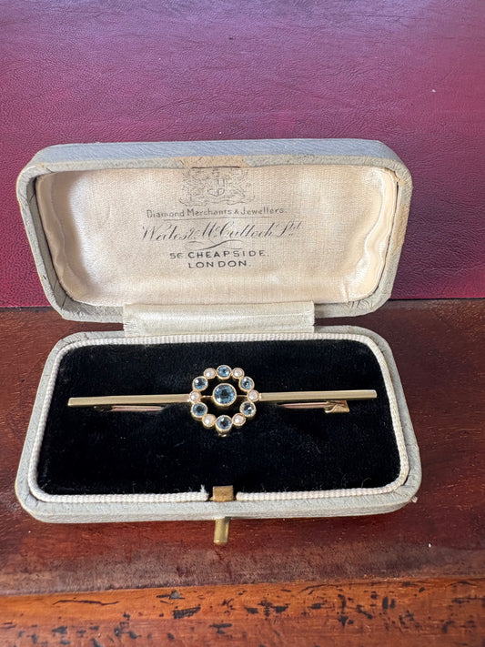 Gorgeous Early 20th Century 15ct Gold, Aquamarine and Split Pearl Brooch in Original Box