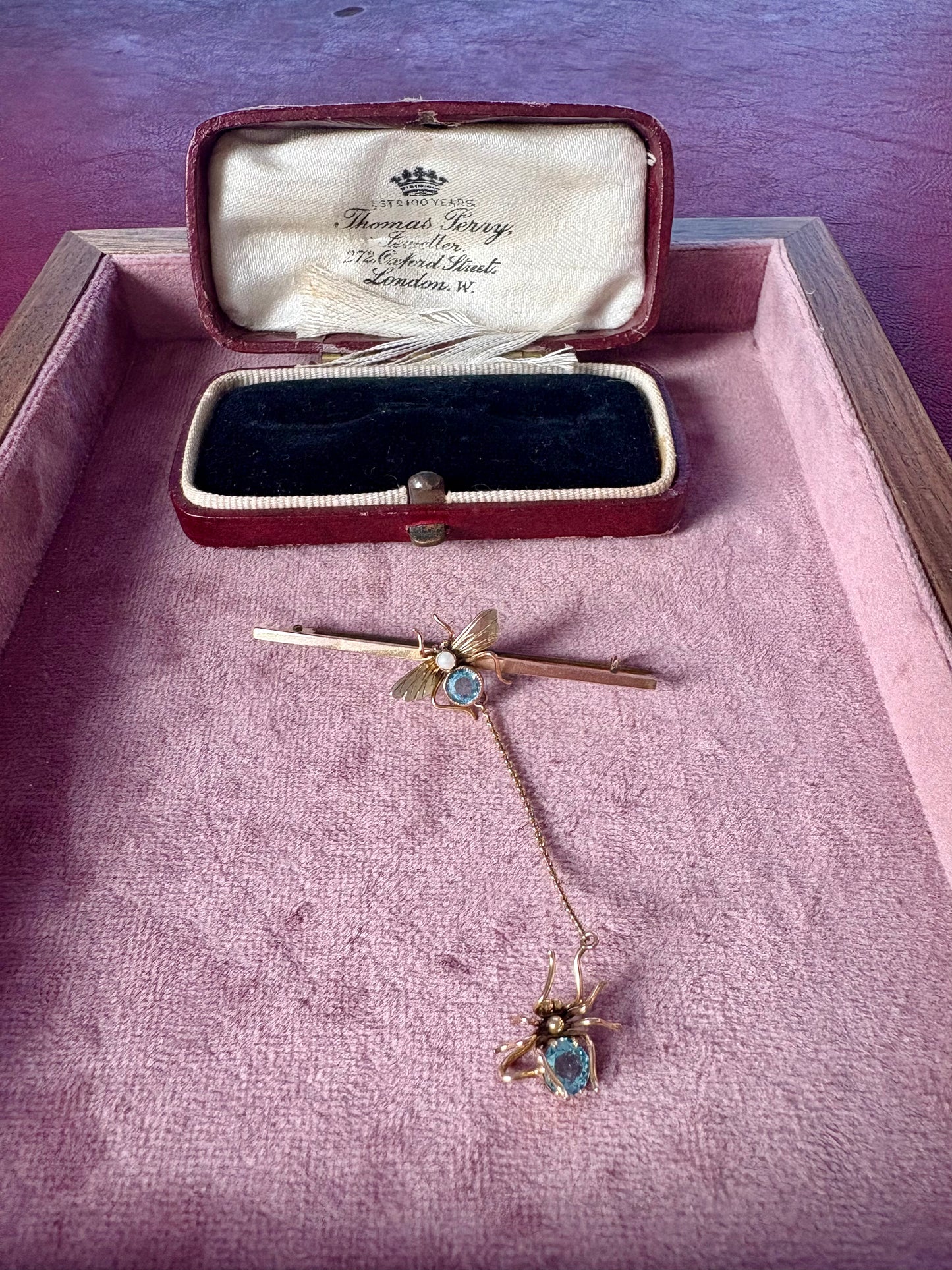 The Most Charming Early 20th Century 9ct Gold Paste Spider & Fly Bar Brooch in its Original Box
