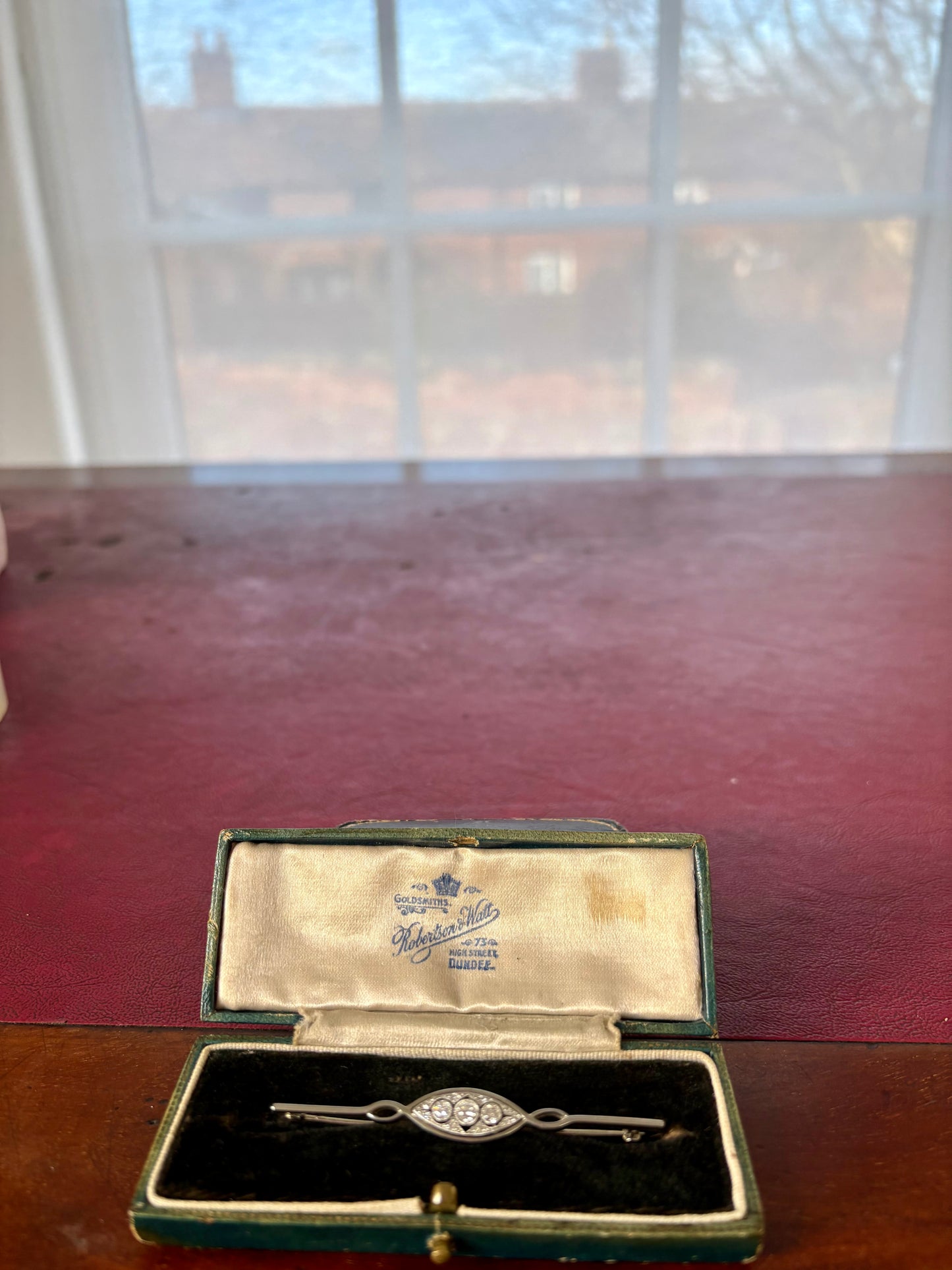 Charming Early 20th Century Diamond Bar Brooch in its original box from Roberston and Watt, High Street, Dundee, Scotland