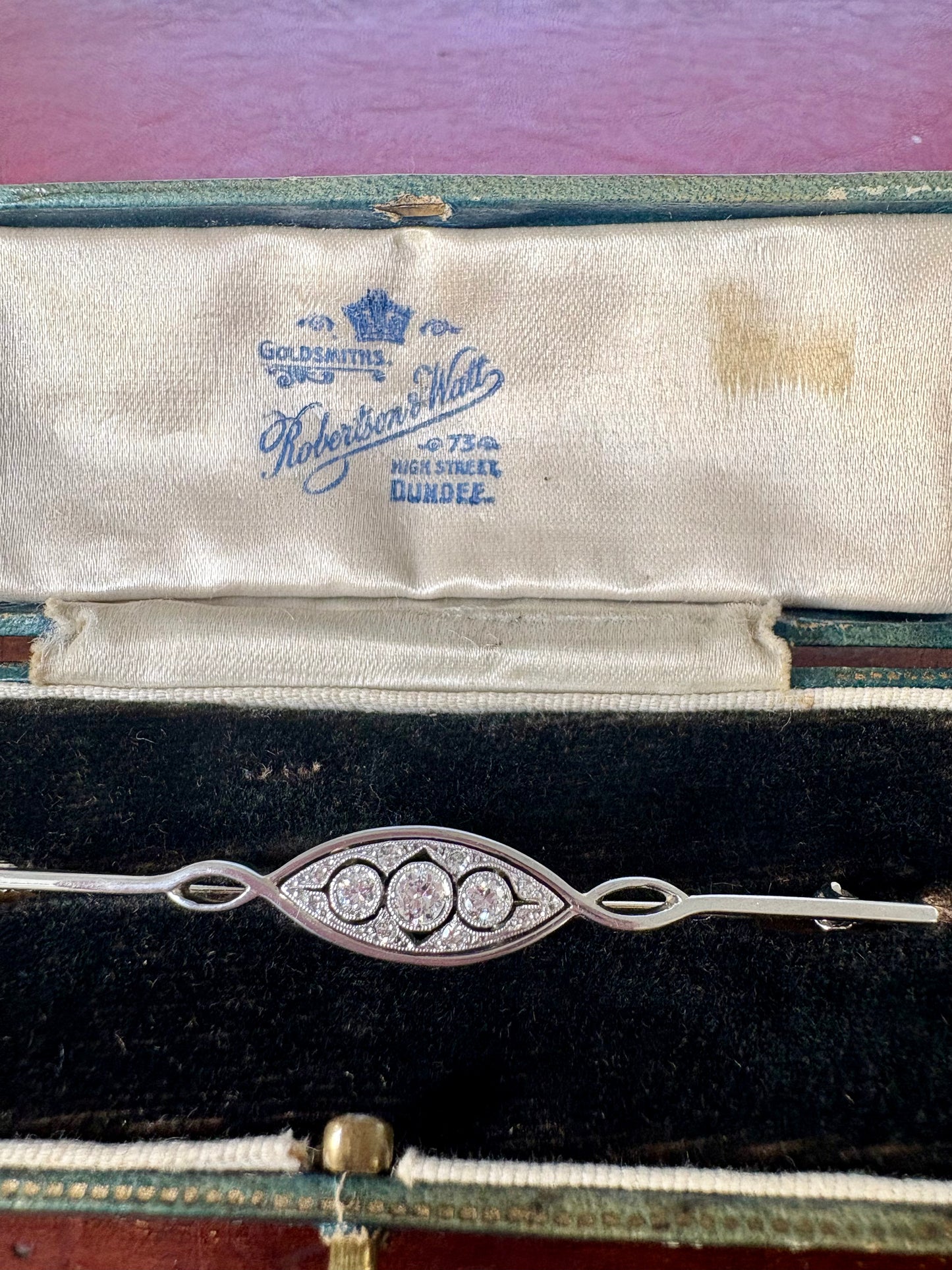 Charming Early 20th Century Diamond Bar Brooch in its original box from Roberston and Watt, High Street, Dundee, Scotland