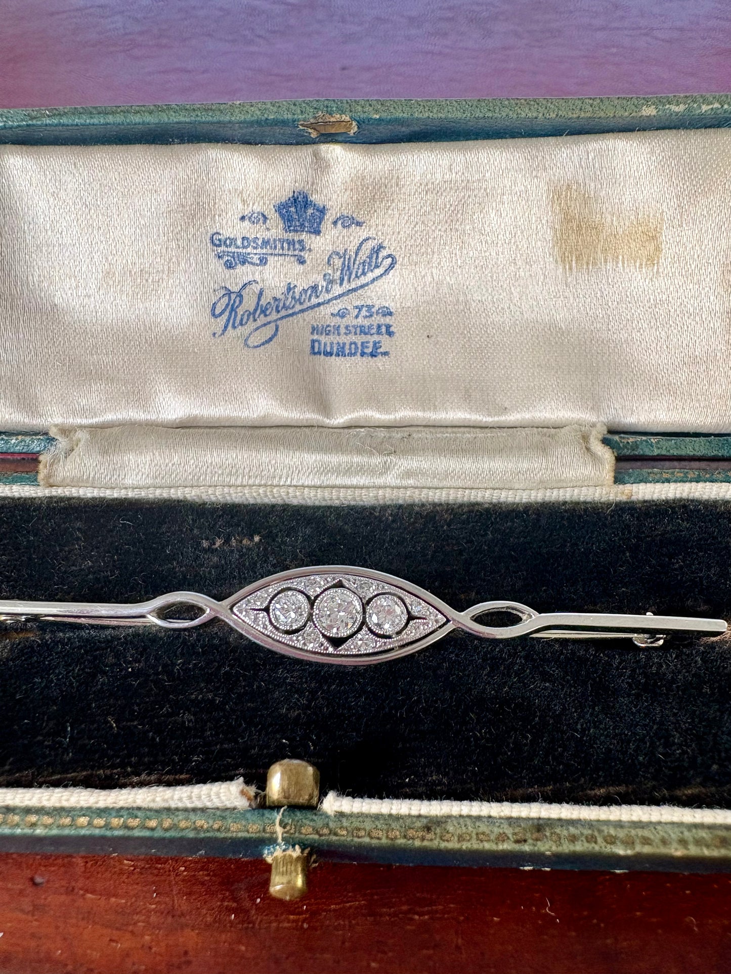 Charming Early 20th Century Diamond Bar Brooch in its original box from Roberston and Watt, High Street, Dundee, Scotland