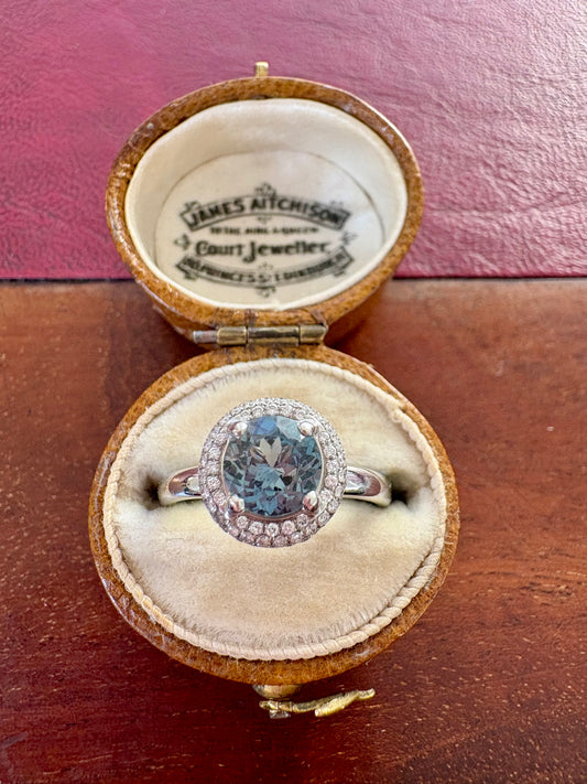 Stunning Modern Platinum, Teal Sapphire and Diamond Ring