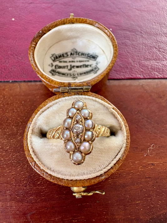 Stunning Victorian 15ct Gold Pearl and Diamond Navette Ring