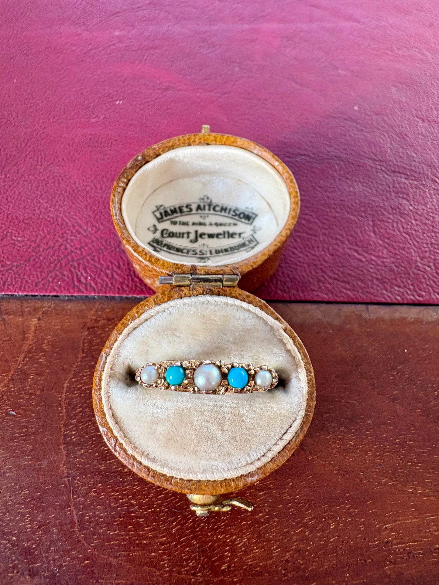 Very Sweet Antique 9ct Gold Turquoise and Split Pearl Ring