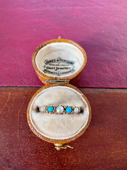 Very Sweet Antique 9ct Gold Turquoise and Split Pearl Ring