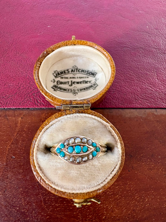 Sweet Late Victorian 9ct Gold Turquoise and Split Pearl Ring