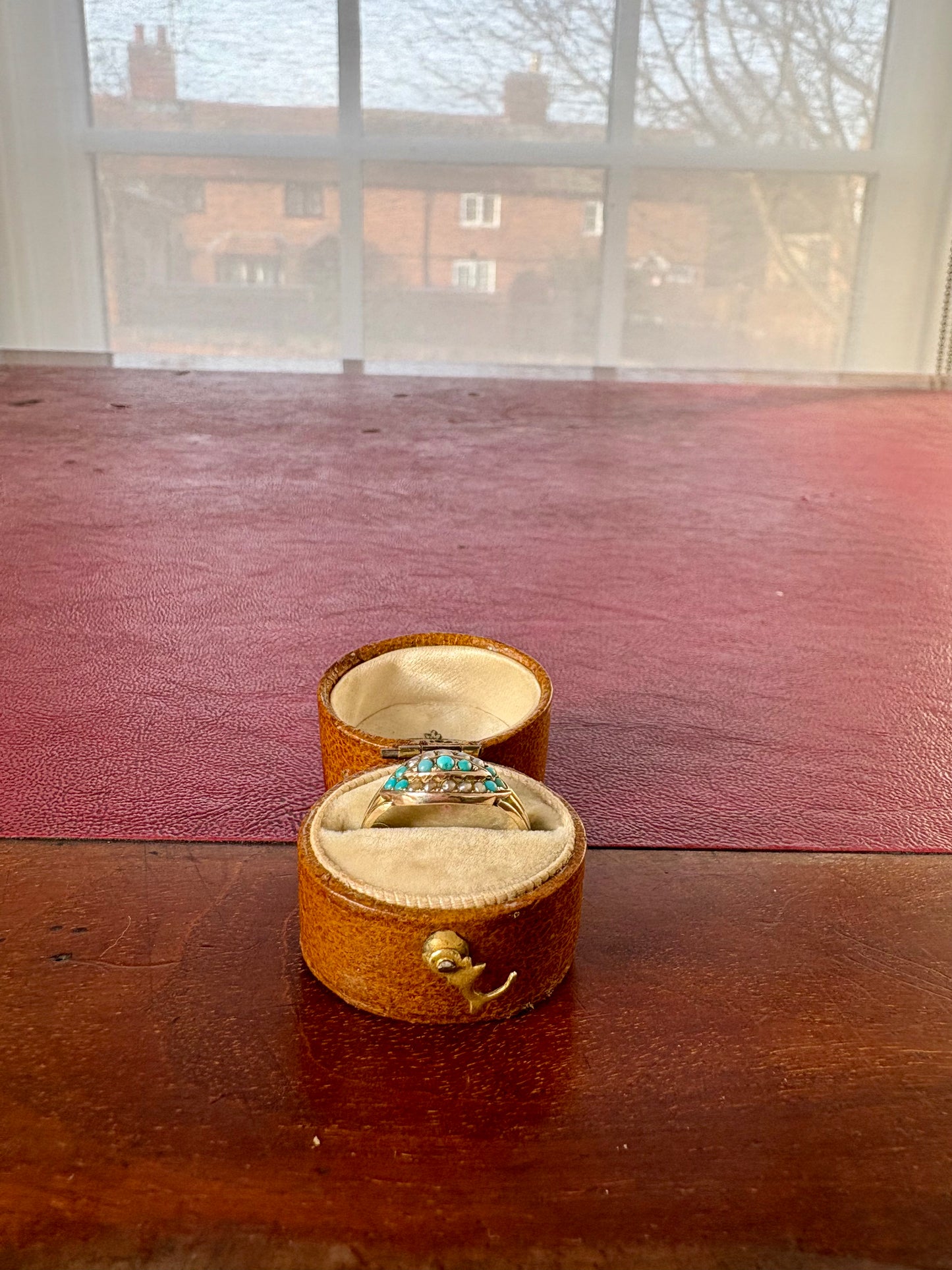 Sweet Late Victorian 9ct Gold Turquoise and Split Pearl Ring