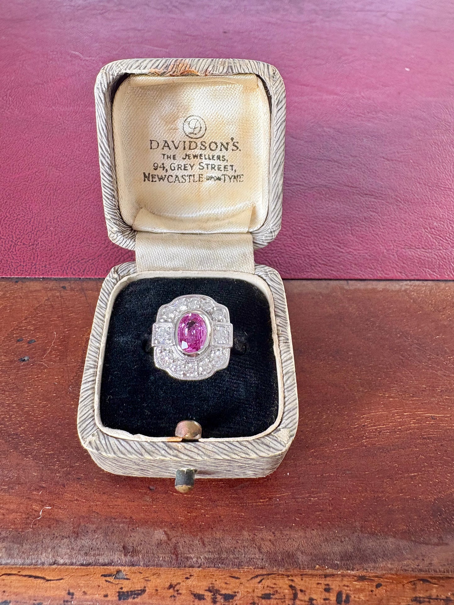 Stunning Art Deco Style Platinum, Pink Sapphire and Diamond Ring