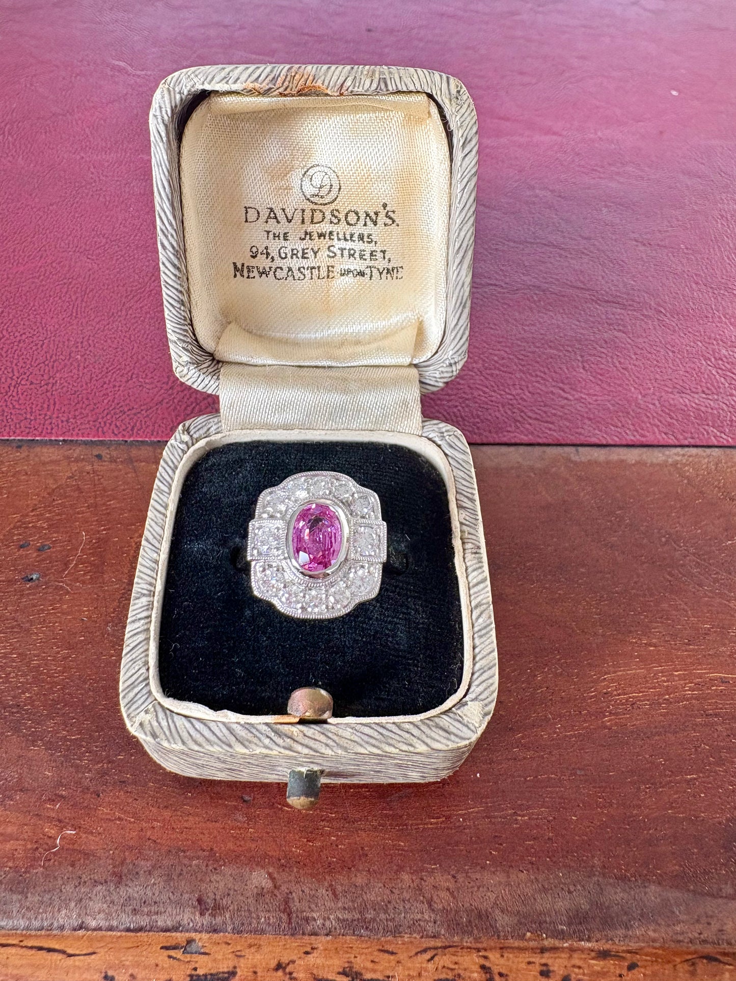 Stunning Art Deco Style Platinum, Pink Sapphire and Diamond Ring