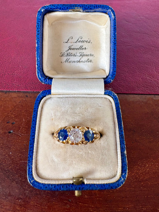 Gorgeous Victorian 18ct Gold, Blue Sapphire and Diamond Three Stone Ring