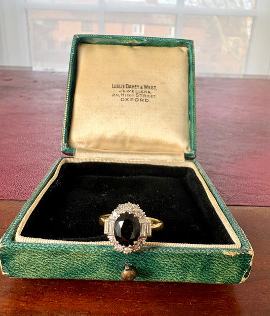 A Very Gorgeous 18ct Gold, Dark Green Sapphire and Diamond Cluster Ring