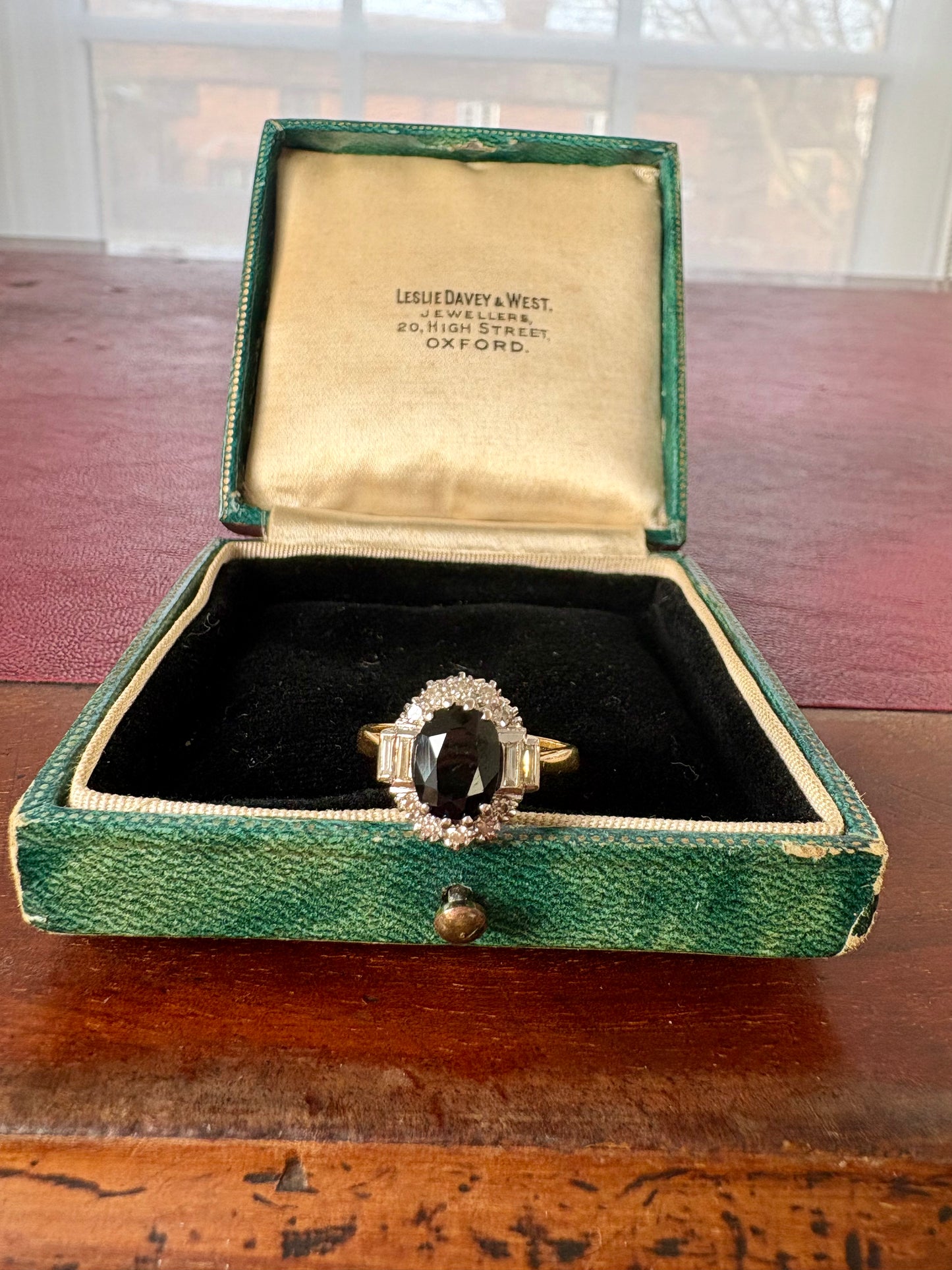 A Very Gorgeous 18ct Gold, Dark Green Sapphire and Diamond Cluster Ring