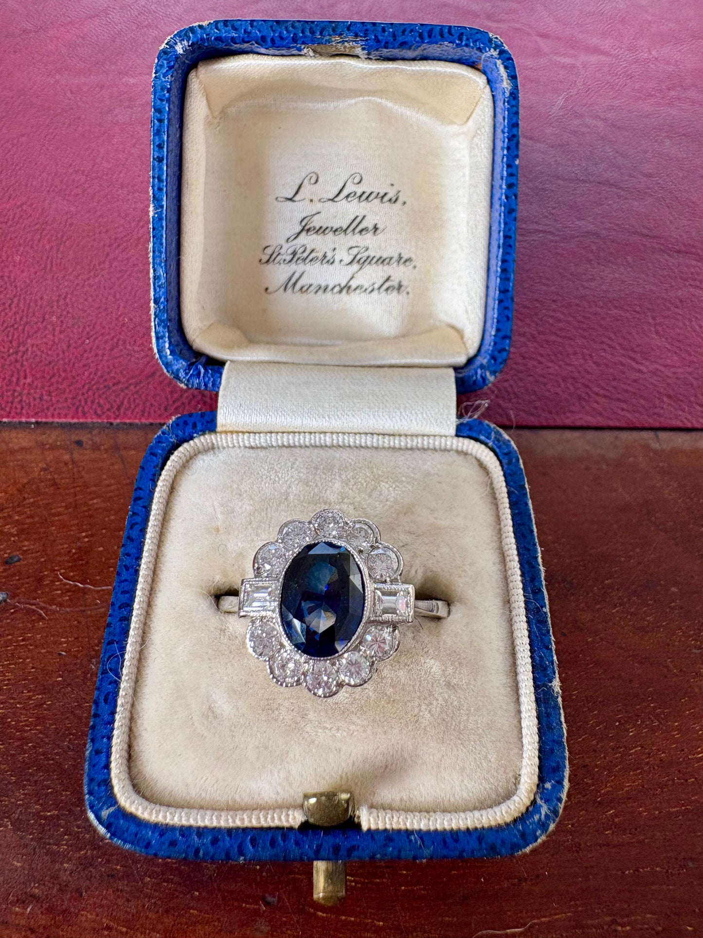 Stunning Modern Platinum, Blue Sapphire and Diamond Cluster Ring