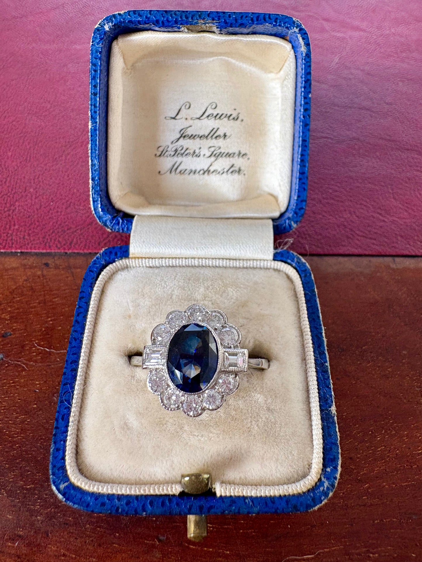 Stunning Modern Platinum, Blue Sapphire and Diamond Cluster Ring