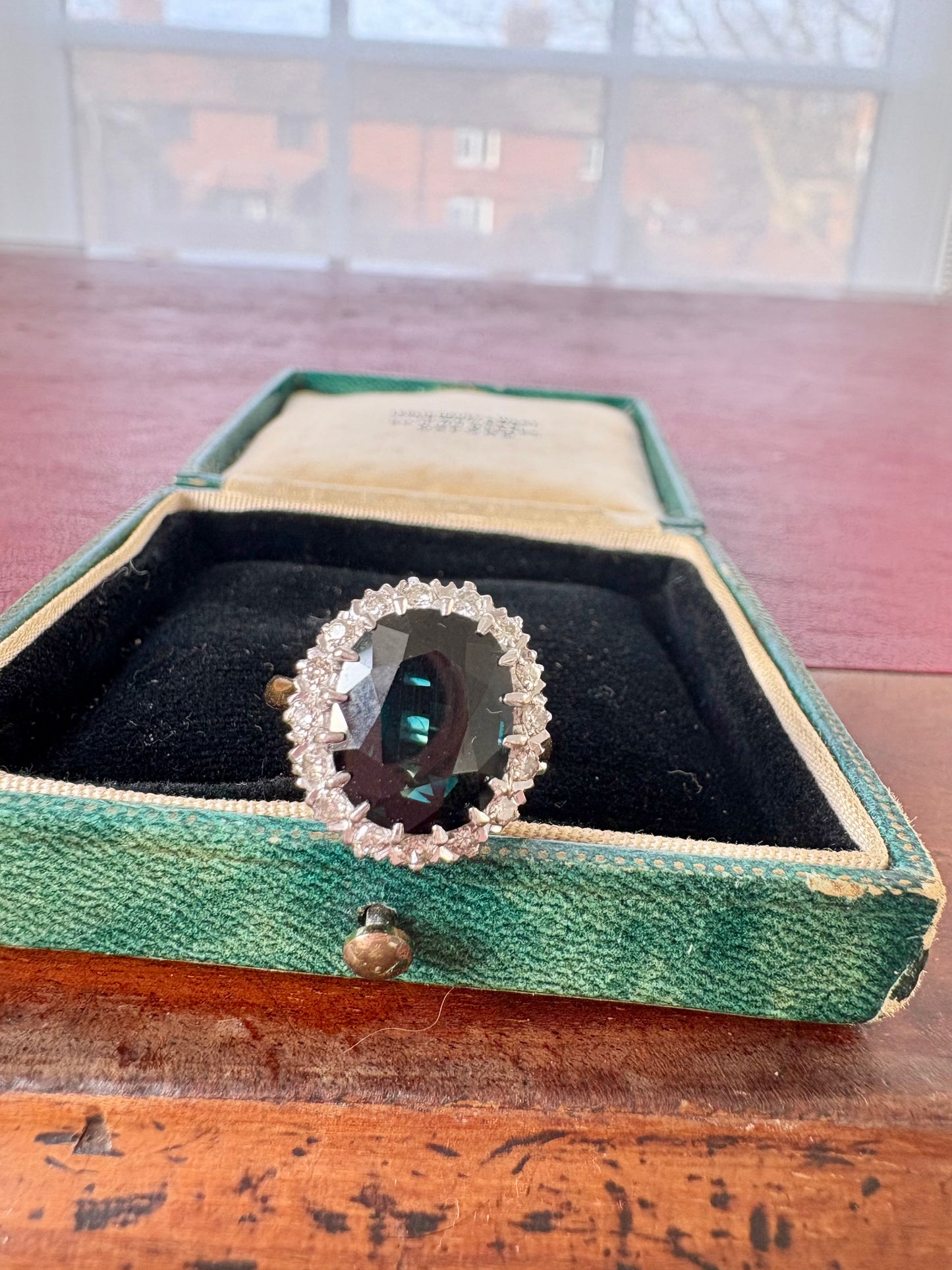 Really Gorgeous Dark Blue-Green Sapphire and Diamond Cluster Ring