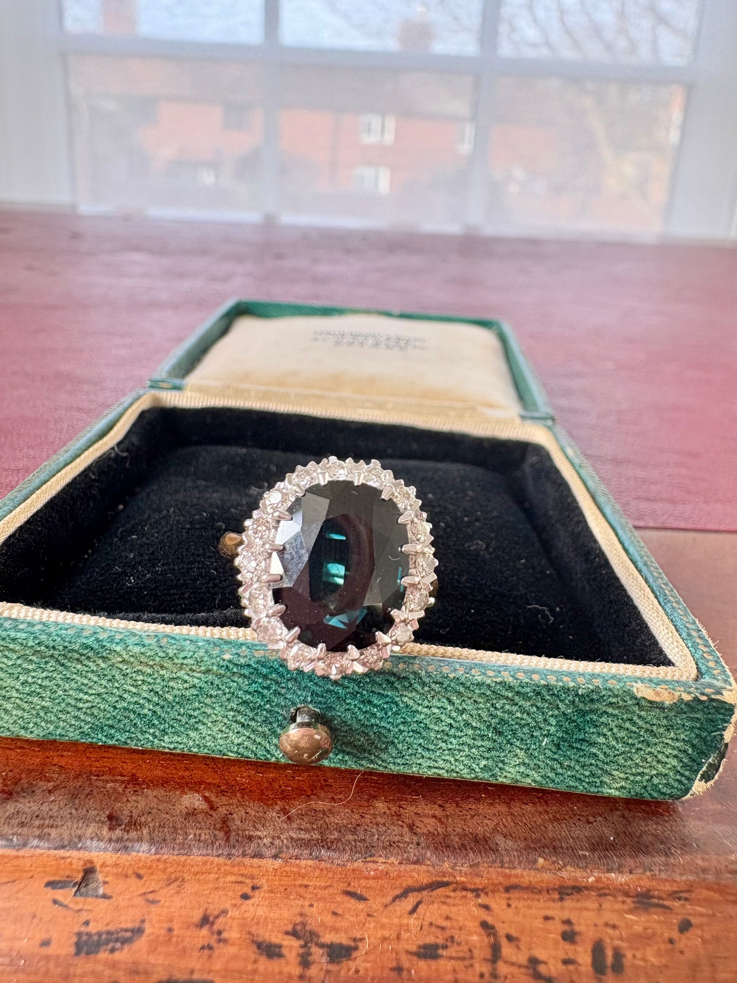 Really Gorgeous Dark Blue-Green Sapphire and Diamond Cluster Ring