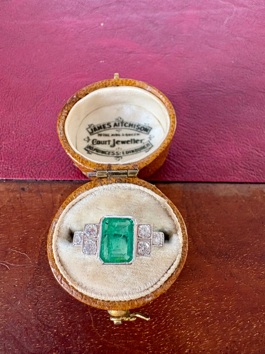 Stunning Art Deco Style Platinum, Emerald and Diamond Ring