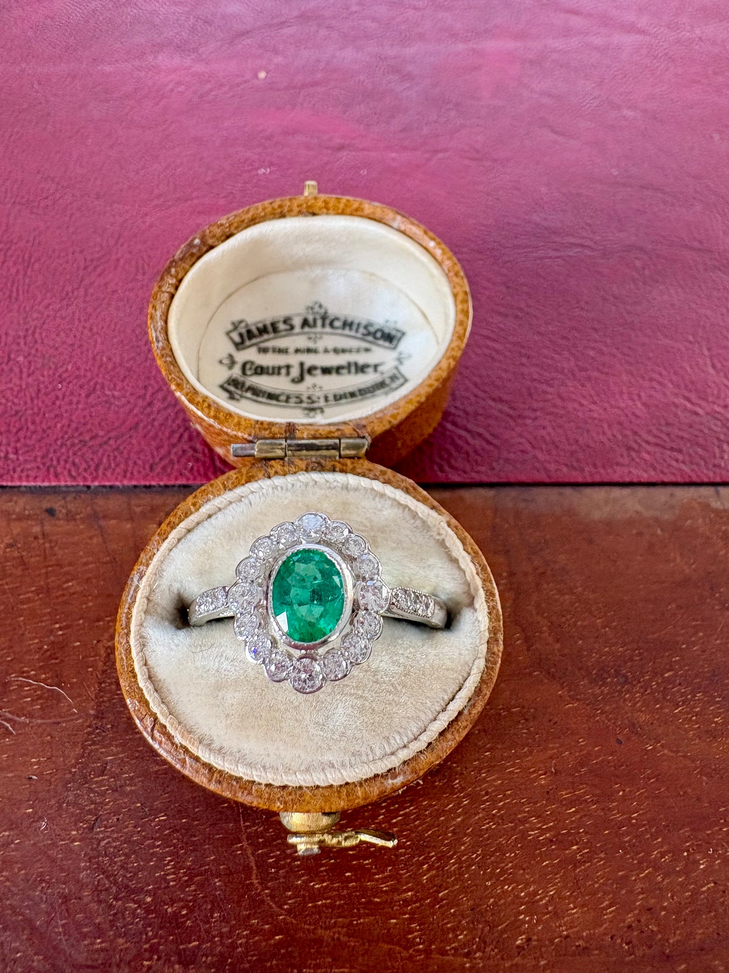 Gorgeous Platinum, Emerald and Diamond Cluster Ring