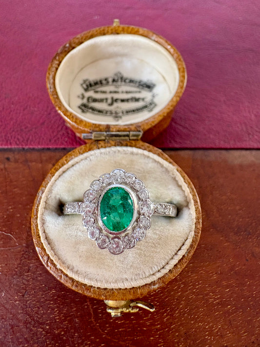 Gorgeous Platinum, Emerald and Diamond Cluster Ring