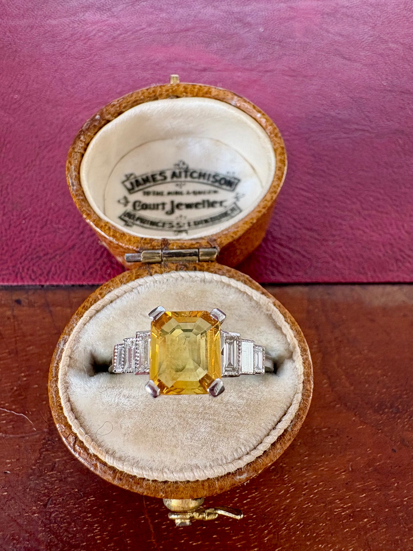Gorgeous Art Deco Style Platinum, Yellow Sapphire and Diamond Ring