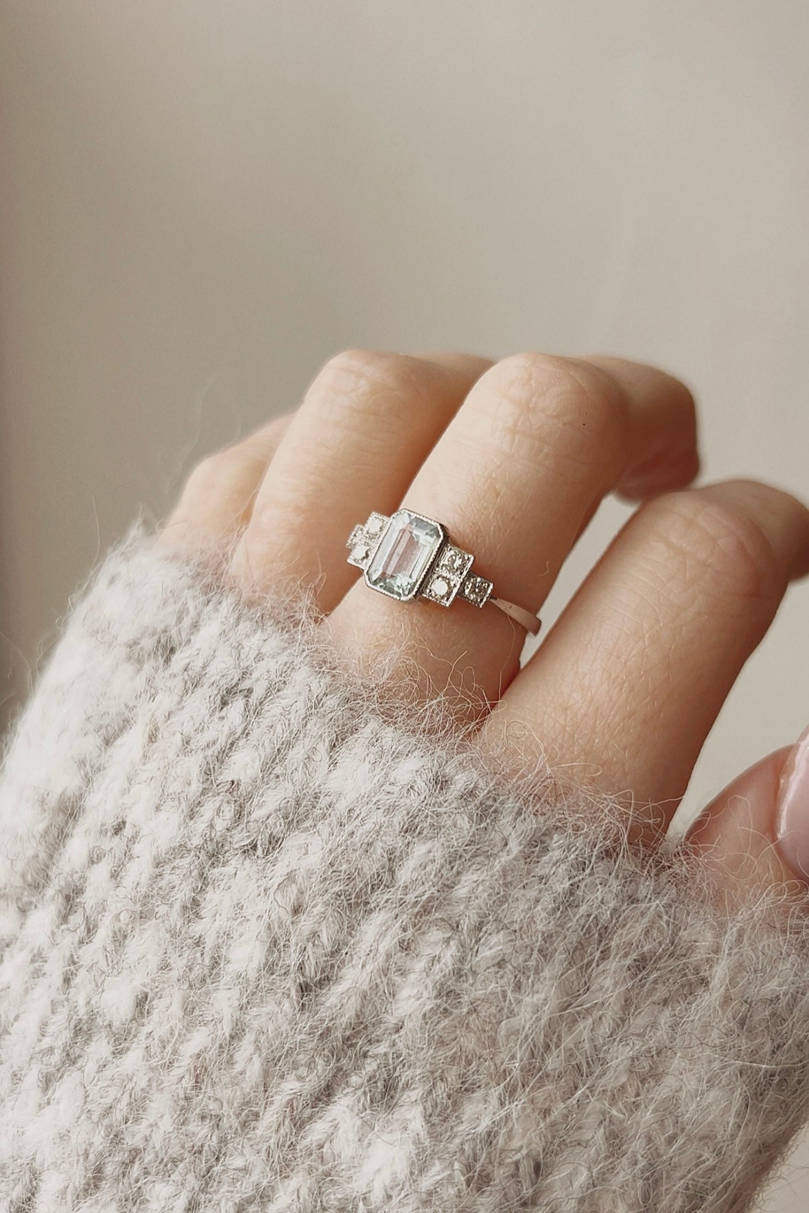 Stunning Art Deco Style Platinum, Aquamarine and Diamond Ring