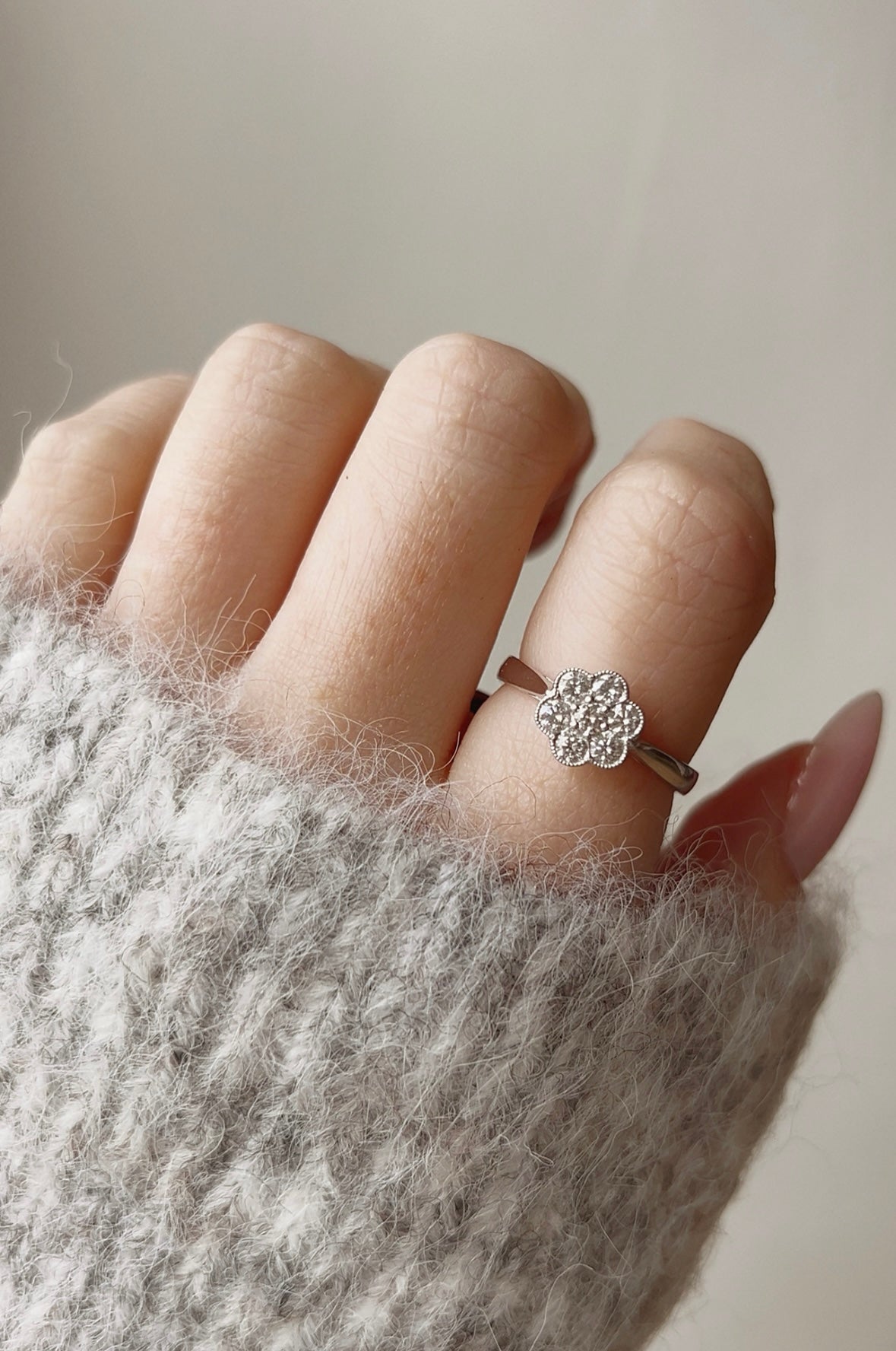 Pretty Modern Platinum and Diamond Cluster Ring