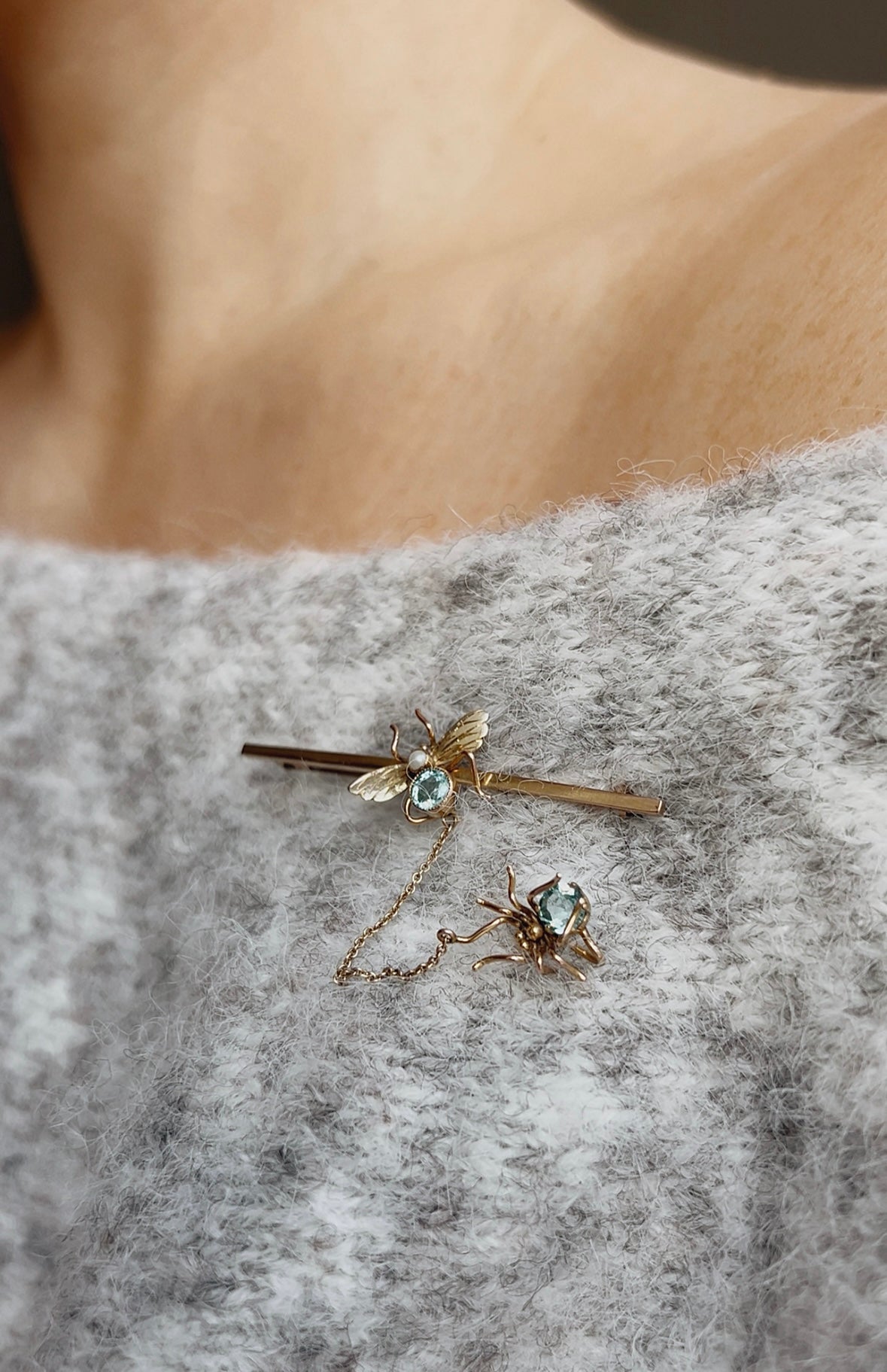 The Most Charming Early 20th Century 9ct Gold Paste Spider & Fly Bar Brooch in its Original Box