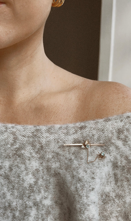 The Most Charming Early 20th Century 9ct Gold Paste Spider & Fly Bar Brooch in its Original Box