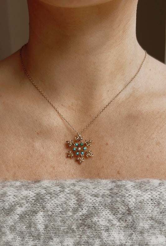 Gorgeous Early 20th Century Turquoise and Split Pearl Pendant/and Brooch