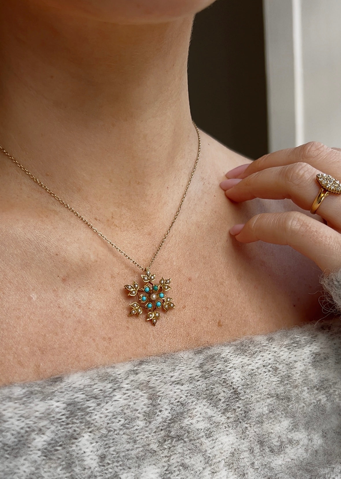Gorgeous Early 20th Century Turquoise and Split Pearl Pendant/and Brooch
