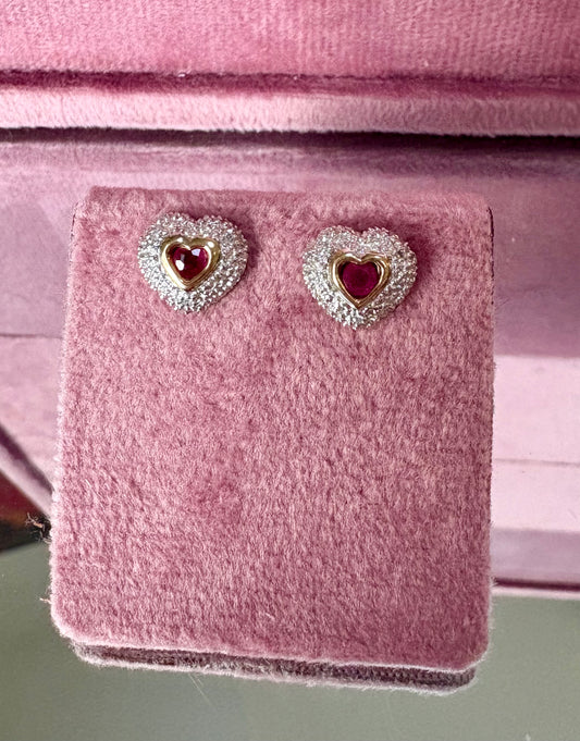 Lovely 9ct Gold, Ruby and Diamond Heart Earrings