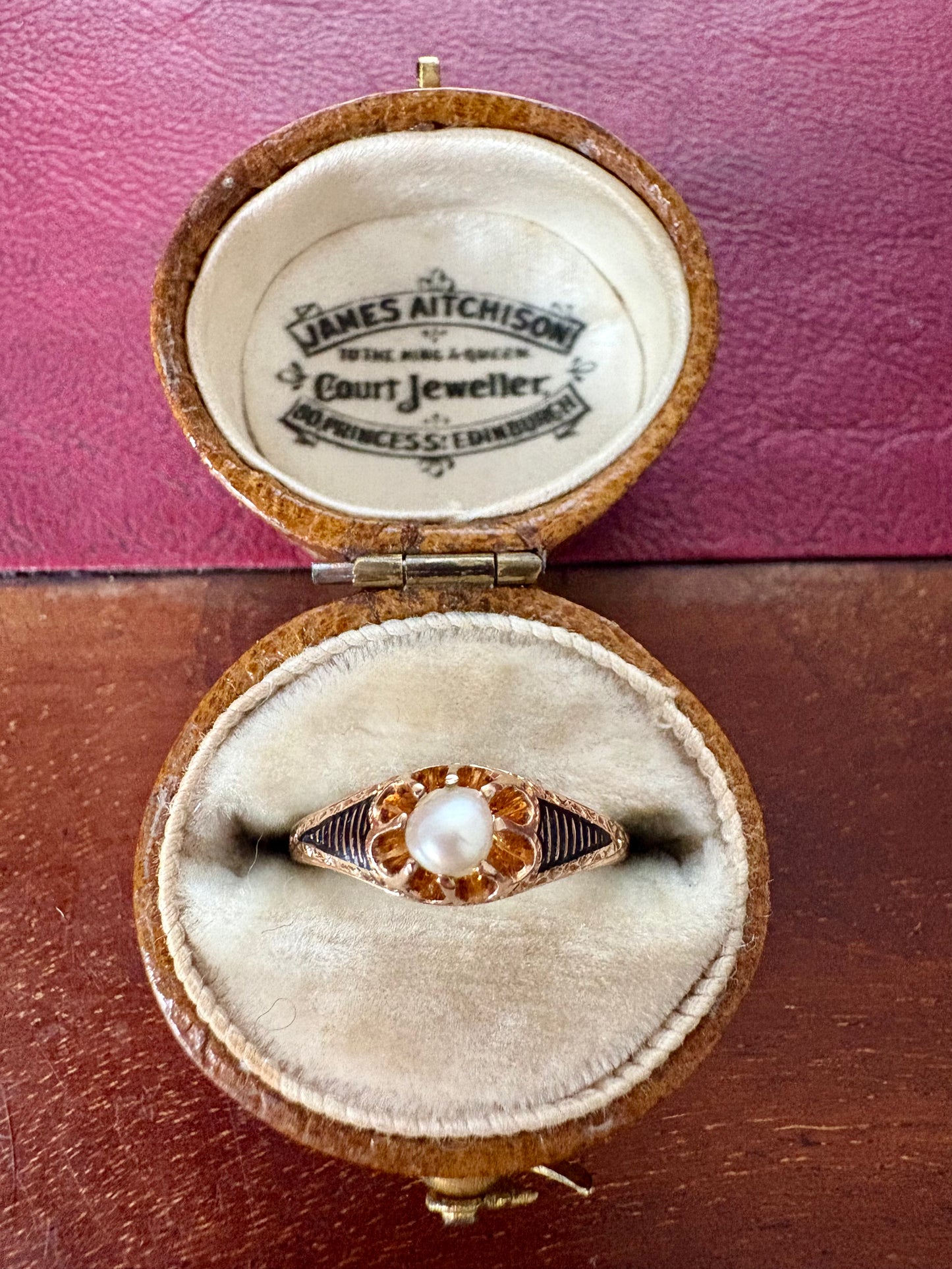 Gorgeous Antique 18ct Gold and Pearl Belcher Ring with Black Enamel Details