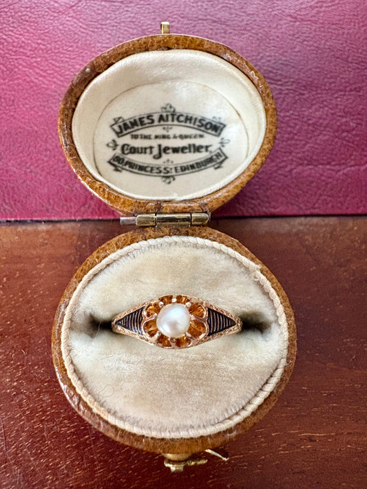 Gorgeous Antique 18ct Gold and Pearl Belcher Ring with Black Enamel Details