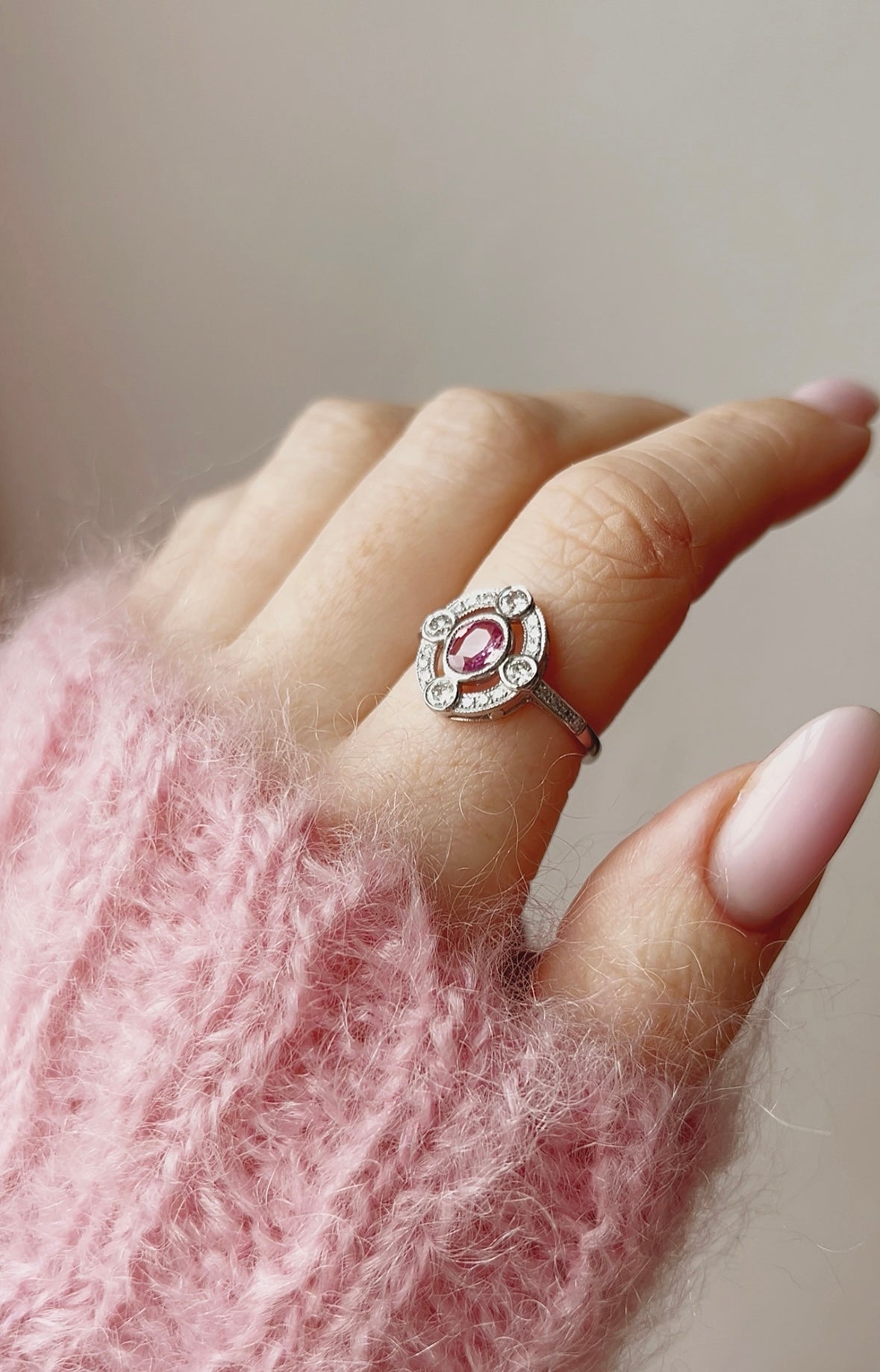 Gorgeous Modern Platinum, Pink Sapphire and Diamond Ring