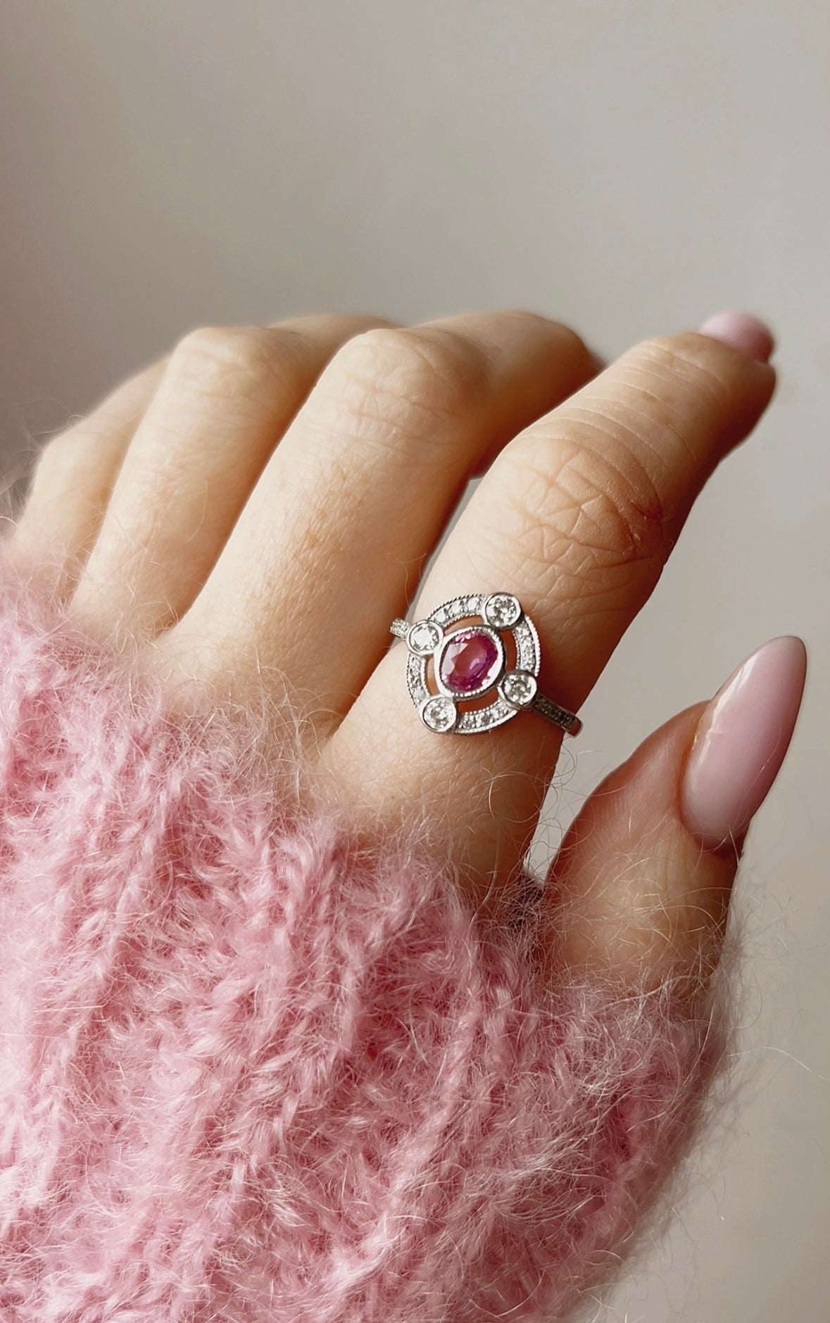 Gorgeous Modern Platinum, Pink Sapphire and Diamond Ring